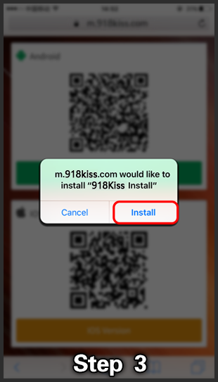 Step 3: iOS prompt asking to install 918Kiss Install, with Install highlighted.