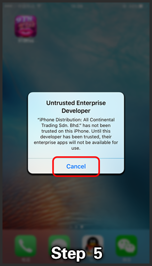 Step 5: Untrusted Enterprise Developer alert for All Continental Trading Sdn. Bhd. with Cancel highlighted.