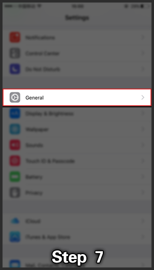 Step 7: iPhone Settings list with General highlighted.