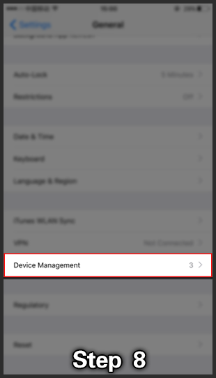 Step 8: General settings with Device Management highlighted.