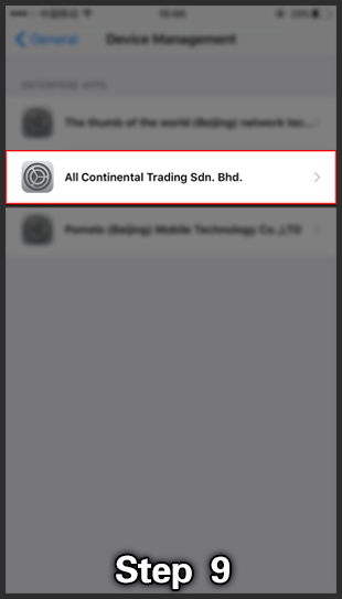 Step 9: Device Management list with All Continental Trading Sdn. Bhd. highlighted.