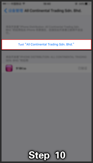 Step 10: Trust All Continental Trading Sdn. Bhd. button highlighted.