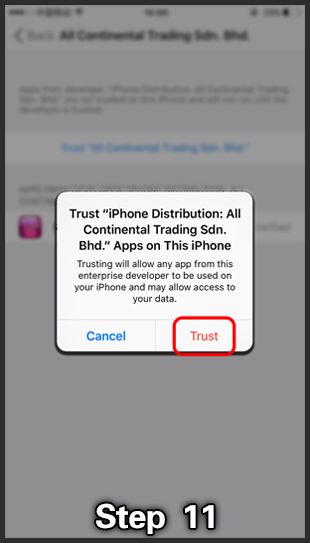 Step 11: Confirmation alert to trust the iPhone Distribution profile, with Trust highlighted.